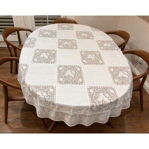 NEW Antique Filet Lace Tablecloth Ivory Oval 66x88 Floral Cottagecore Farmhouse